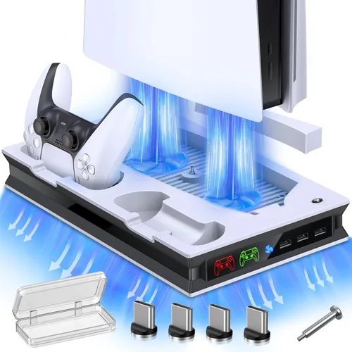 Soporte para PS5 con 2 ventiladores de refrigeración estación de carga dual rápida para PS5 con 3 puertos USB adicionales estación de refrigeración