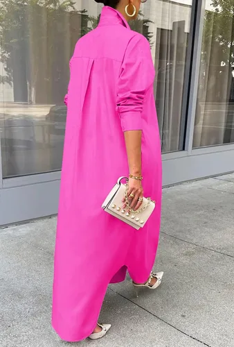 Vista 4 de Choichic Vestidos camiseros para mujer, casuales, de manga larga, con bloques de color, sueltos, con botones, maxivestidos