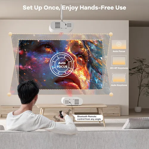 Vista 5 de Proyector 4K con Google TV: brillo 3000/tapa de lente automática y Keystone 4D/enfoque automático y control de voz AI, proyector portátil Sovboi