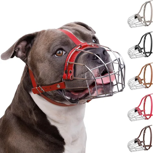 Vista 18 de BRONZEDOG Bozal para perro Pitbull transpirable de metal con cesta para perros grandes Amstaff Staffordshire Terrier para morder, masticar y ladrar