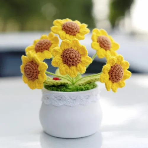 Plantas de ganchillo hechas a mano con girasoles en maceta, flores de ganchillo positivas para el día del padre, decoración de escritorio de