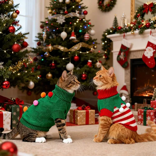 Vista 5 de BWOGUE 2 Packs de suéteres navideños para gatos, suéteres para perros, ropa tejida cálida de invierno para mascotas, suéteres con árbol de Navidad