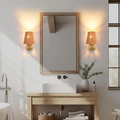 Vista 9 de Juego de 2 apliques de pared bohemios que funcionan con pilas, con pantalla de ratán dorado, luces de pared inalámbricas con bombillas recargables