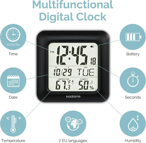 Vista 7 de KADAMS Reloj de pared de cocina de 9.5 pulgadas con pantalla LCD grande, reloj de ducha con ventosa, temperatura, humedad, calendario, resistente al