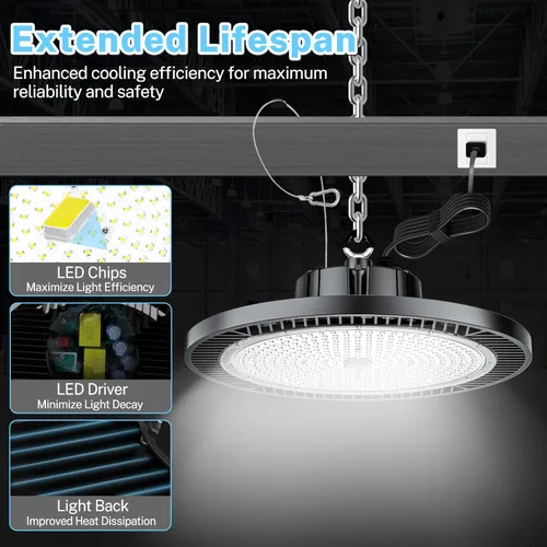Vista 5 de THELUX Paquete de 6 luces LED de alta bahía súper brillantes de 200 W con 30000 lm 5000 K, 100V-277V, 5000 K con enchufe de EE. UU., cable de 5