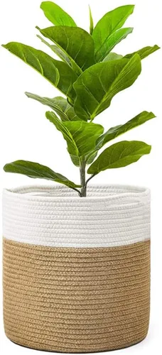 Vista 7 de Cesta tejida para macetas de interior, cesta de almacenamiento de cuerda de algodón con asa, cestas tejidas de yute para plantas de interior, maceta