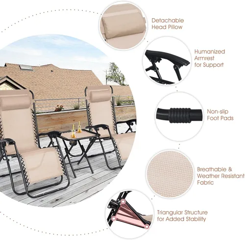 Vista 6 de Goplus Zero Gravity - Juego de sillas reclinables de 3 piezas para exteriores con mesa auxiliar, reposacabezas y portavasos, reclinables plegables