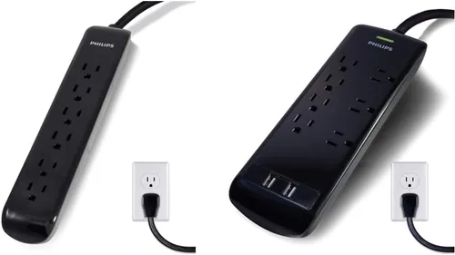Philips SPP6270BC/37 Protector de sobretensiones de 6 tomas, montaje en pared y protector de sobretensiones de 7 tomas, 2 puertos USB, cable de
