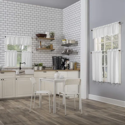 Vista 5 de No. 918 Mariela Floral Trim Semi-Sheer Rod Pocket Kitchen Curtain Valance and Tiers Set, 58" x 36", White