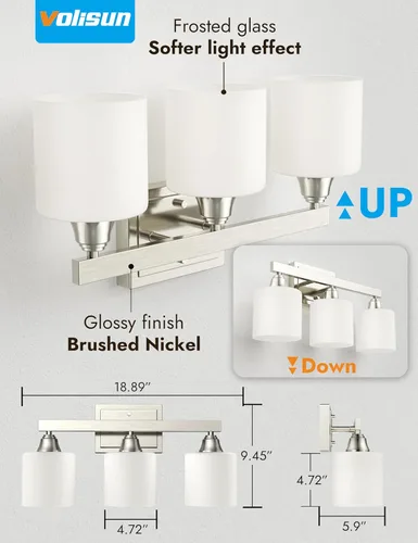 Vista 6 de VOLISUN Lámparas de baño de níquel cepillado, luces de tocador de baño de 3 luces sobre el espejo, lámpara de tocador moderna para baños, accesorios