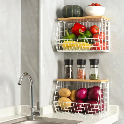 Vista 3 de Estante Magnético para Refrigerador con Tapa de Madera, Cesta de Frutas Resistente, Contenedores de Almacenamiento de Frutas, Papas y Cebollas