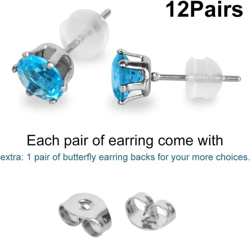 Vista 6 de 12 Pairs Stainless Steel CZ Stud Earrings for Women, Brilliant Cut Round Cubic Zirconia Stud Earrings, Birthstone Stud Earrings Set