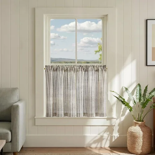 Vista 28 de jinchan - Cortinas de lino a rayas para cocina de 20 pulgadas de largo, cortinas de varios niveles, estilo granja moderna de café, tratamientos