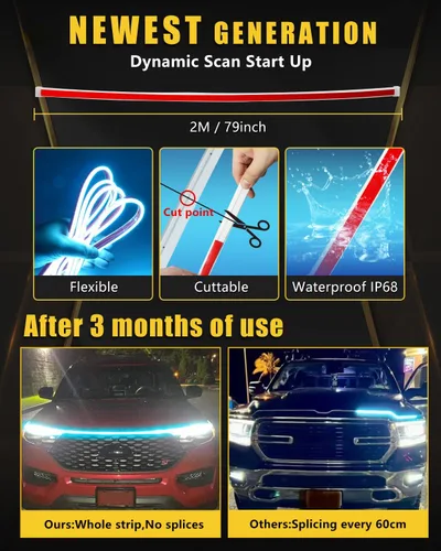 Vista 2 de Tira de luces de señal de giro secuencial con escaneo dinámico, luces LED de capó flexibles, DRL, luz de circulación diurna para coche, camión, SUV