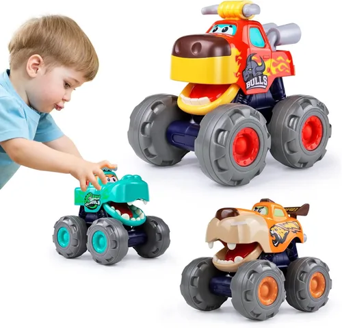 Autos de juguete para niños de 1, 2, 3 años, paquete de 3 camiones monstruo, juguete de cocodrilo, búho, leopardo, rueda grande, camiones de juguete