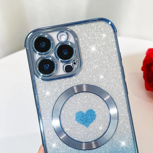 Vista 3 de Bonoma Funda con Purpurina Magnética para iPhone 16 Pro Max [Compatible con MagSafe], Funda Transparente Brillante de Lujo con Patrón de Corazones