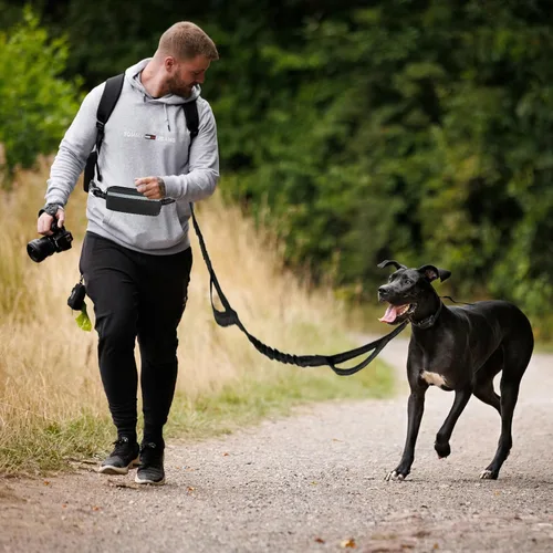 Vista 5 de Correa de perro manos libres con bolsa de cremallera, correa de cintura para perro con cinturón ajustable y doble asa, correa elástica reflectante