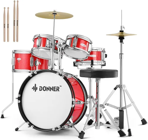 Vista 11 de Kid Drum Sets-Donner 5 piezas para principiantes, kit completo de batería junior de 14 pulgadas con trono ajustable, platillo, Hi-Hat, pedal