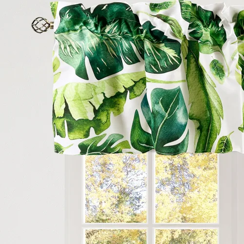Vista 4 de Cenefas de cocina con hojas de Monstera verdes para ventanas, con bolsillo para cortinero de plantas tropicales, 52 x 18 pulgadas, cenefas