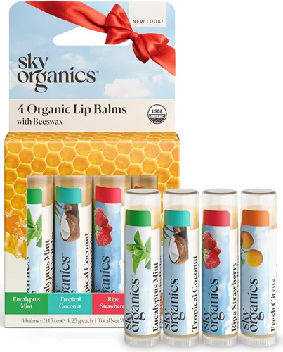 Sky Organics Bálsamos labiales orgánicos con cera de abejas para labios, certificado orgánico por USDA, cuatro sabores surtidos para hidratar,
