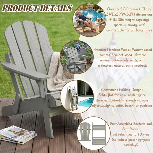 Vista 4 de Silla Adirondack plegable, de madera maciza, sillas para hogueras para todo tipo de clima, con respaldo premontado y tabla de asiento para terraza