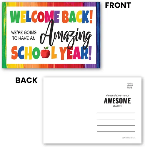 Vista 3 de Pink Pixie Studio 30 postales en blanco con temática de bienvenida de regreso a la escuela de 4 x 6 pulgadas para que los profesores las envíen a