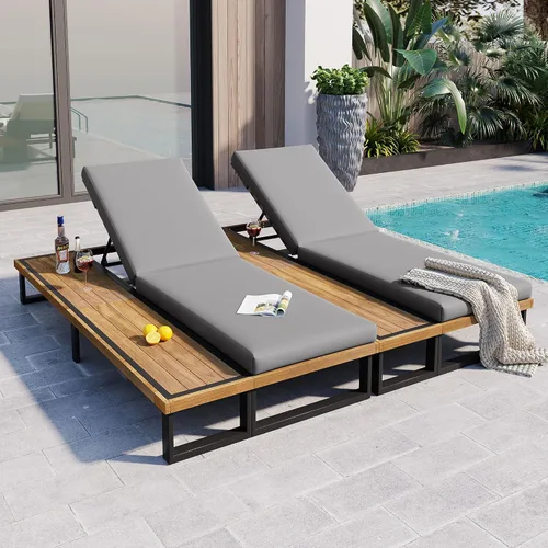 Vista 33 de Tumbona reclinable para patio al aire libre con respaldo ajustable de 5 posiciones y mesa auxiliar de madera, silla lounge para todo tipo de clima