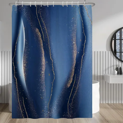 Vista 24 de Baocicco Cortina de ducha de mármol azul abstracto a rayas, decorativa, textura de lujo, línea moderna, decoración de acuarela, juego de cortinas