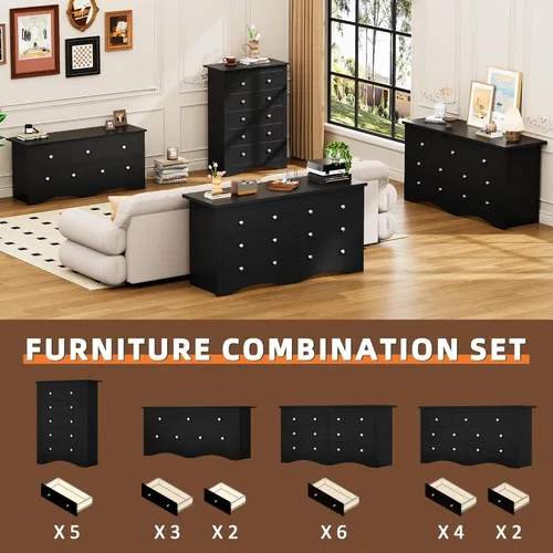 Vista 8 de Flamaker Cómoda alta para dormitorio, cómoda de 5 cajones, cómoda de madera, cómoda ancha, cajones de almacenamiento, organizador de almacenamiento