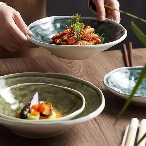 Vista 3 de LUNIZ Platos de cena de cerámica irregular plato de cena para el hogar Plato de sopa profundo Plato comercial de aperitivos para restaurante, plato