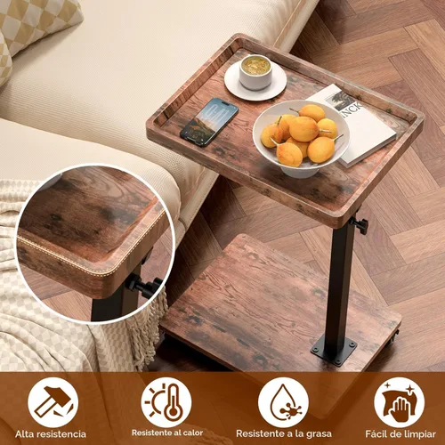 Vista 6 de Mesa auxiliar de mesa C de altura ajustable, mesa giratoria de 360° con ruedas, mesa pequeña para comer, cena, mesas auxiliares en forma de C, sala