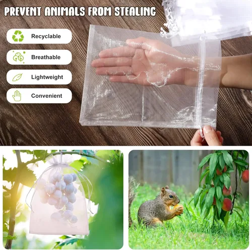 Vista 9 de 50 bolsas de protección de frutas de 6 x 9 pulgadas, bolsas de malla blanca con cordón para uvas, mango, árboles frutales, verduras, barrera