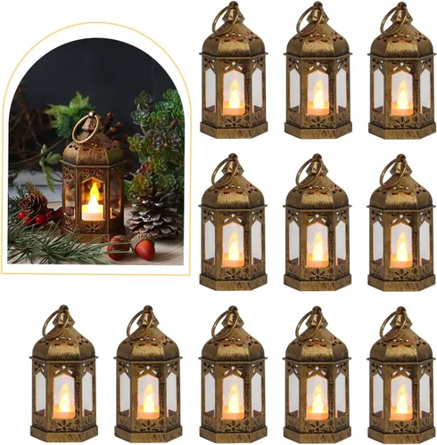 LLQ 8 mini faroles con candelita LED, faroles marrones vintage decorativos, faroles colgantes para Halloween, Navidad, mesa de boda, centro de mesa,