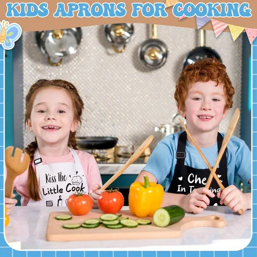 Vista 5 de 3 Pack Kids Apron for Cooking Adjustable Kids Chef Kitchen Funny Aprons with Pockets for Boys Girls Painting Baking