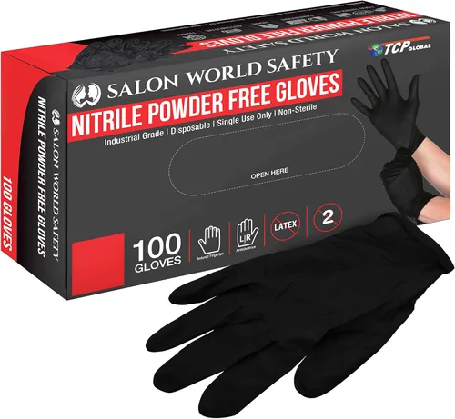 Salon World Safety Guantes desechables de nitrilo negro, caja de 100 unidades, talla XL, 5.0 mil, sin látex, texturizados, aptos para alimentos
