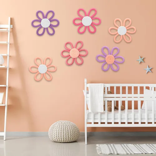 Vista 6 de Ripeng 6 piezas de decoración bohemia para cuarto de bebé, diseño de margaritas y margaritas, arte de pared de macramé tejido de 6 pulgadas