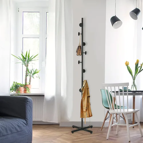 Vista 7 de Perchero independiente, árbol de abrigo negro con 8 ganchos de metal para entrada, pasillo, dormitorio, oficina para abrigos, ropa colgante