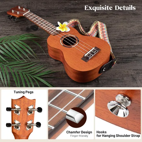 Vista 5 de CAHAYA Ukelele soprano para principiantes: kit de ukelele de 21 pulgadas para principiantes con bolsa de transporte, correa para el hombro