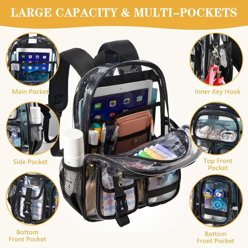 Vista 6 de Mini mochila transparente para estadio aprobada 12x6x12, pequeñas mochilas transparentes, Negro, Pequeño, Lindo
