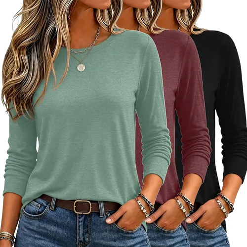 Vista 34 de Zeagoo Paquete de 3 camisetas de manga larga para mujer, estilo casual, suave, cuello redondo, básicas, ropa de otoño Z Rayas Azul 273
