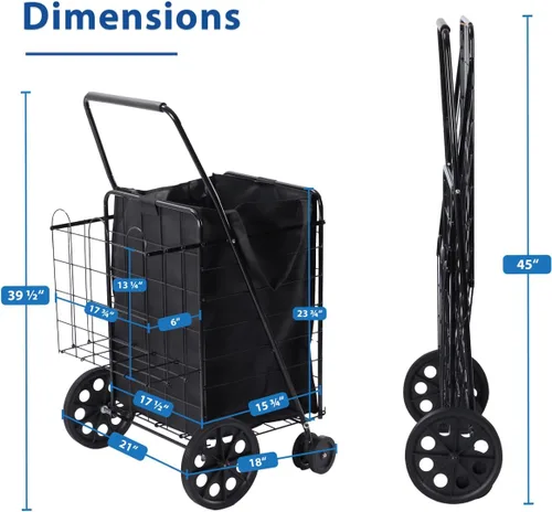 Vista 2 de Lifetime Home Carrito de compras mejorado con ruedas giratorias de 360° y forro impermeable para comestibles, ropa sucia de compras, plegable