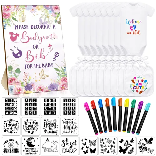 Vista 8 de Chuarry Kit de decoración de baberos de bricolaje de 43 piezas, 8 mamelucos 8 piezas de baberos blancos de 2 capas, 10 marcadores de tela, 16