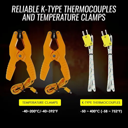 Vista 4 de Termómetro de termopar tipo K (-50 ~ 2,372.0 °F), termómetro digital de canales dobles con 2 abrazaderas de temperatura, 2 sondas de termopar