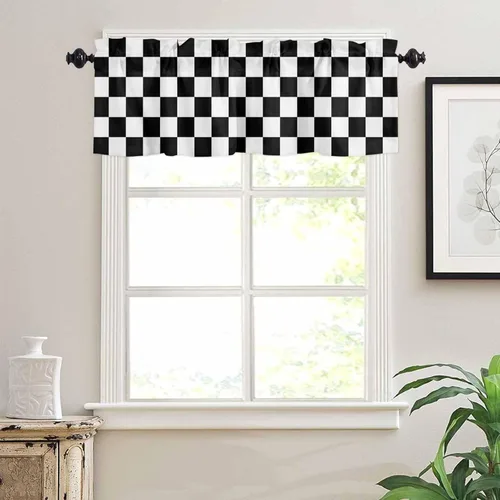 Vista 11 de Cortinas modernas de mosaico en blanco y negro para sala de estar, dormitorio, baño, ventana de cocina, cenefa de panel con bolsillo para barra