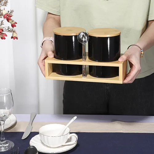 Vista 6 de JUXYES Set of 2 Ceramic Coffee Canisters With Scoop And Airtight Lids For Sugar Coffee Tea, Decorative Storage Containers Sets Black Ceramic Storage