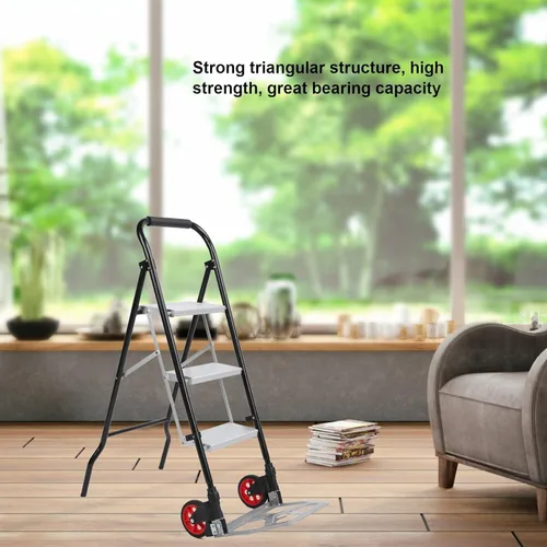 Vista 4 de Escalera plegable de 3 peldaños de aleación de aluminio antideslizante para ahorro de espacio, carrito de taburete de 330.7 lbs de capacidad