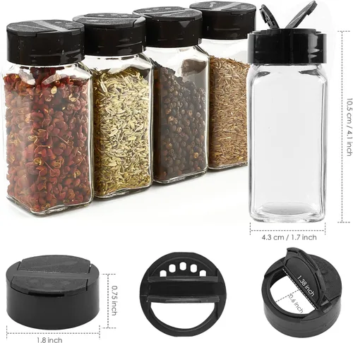 Vista 2 de TUZAZO 24 tarros de vidrio para especias con etiquetas de especias, recipientes cuadrados de 4 onzas con tapas negras para condimentos, embudo
