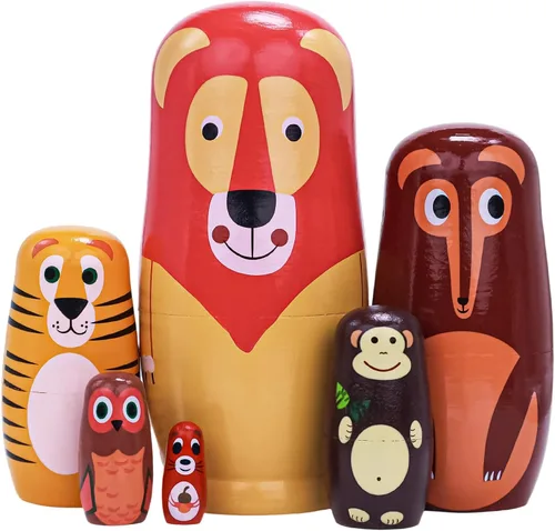 Vista 11 de Muñecas anidables, 5 muñecas rusas de 6 pulgadas de alto, Matryoshka hechas a mano para niños, juguetes apilables de madera para Navidad, hogar