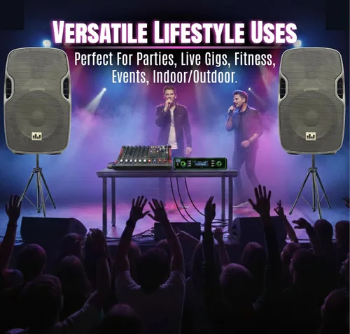 Vista 8 de Sistema PA completo, profesional, de 2000 watts, con mezclador 6 Ch, parlantes de 10 in y soporte para micrófonos inalámbricos dobles