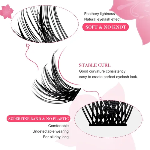 Vista 2 de Extensiones de pestañas naturales en racimo para colocar en casa, 144 unidades, pestañas individuales, rizo D, reutilizables, extensiones